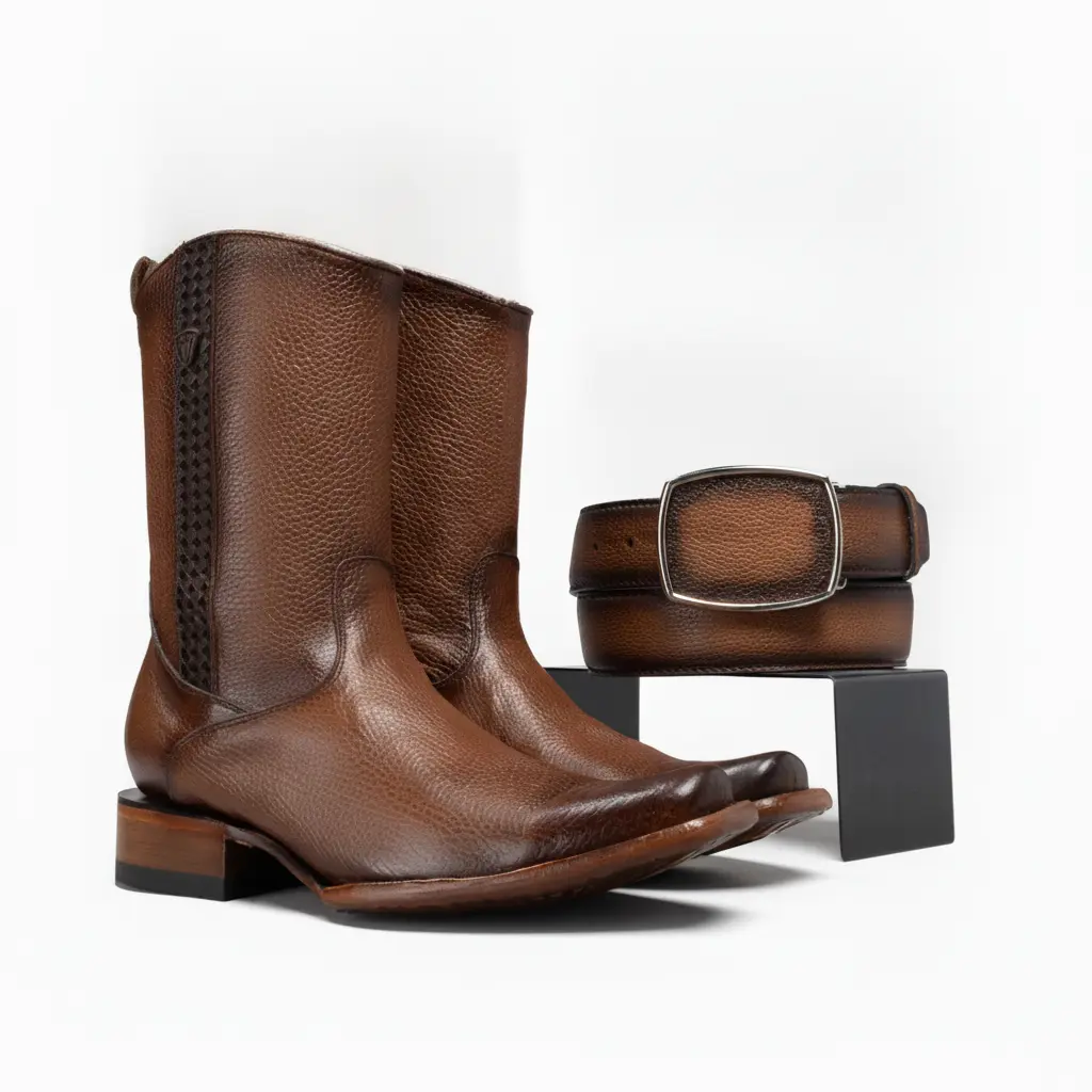 Cowboy Boot Premium Leather Dubai Toe With Zipper + Belt
