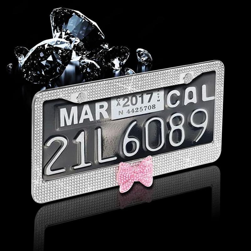 2 Pack Bling License Plate Frame, Rhinestone Premium Stainless Steel License Plate Frame, Facets Clear Color Rhinestone Crystal, Girly Car Accessories Automotive Vehicle