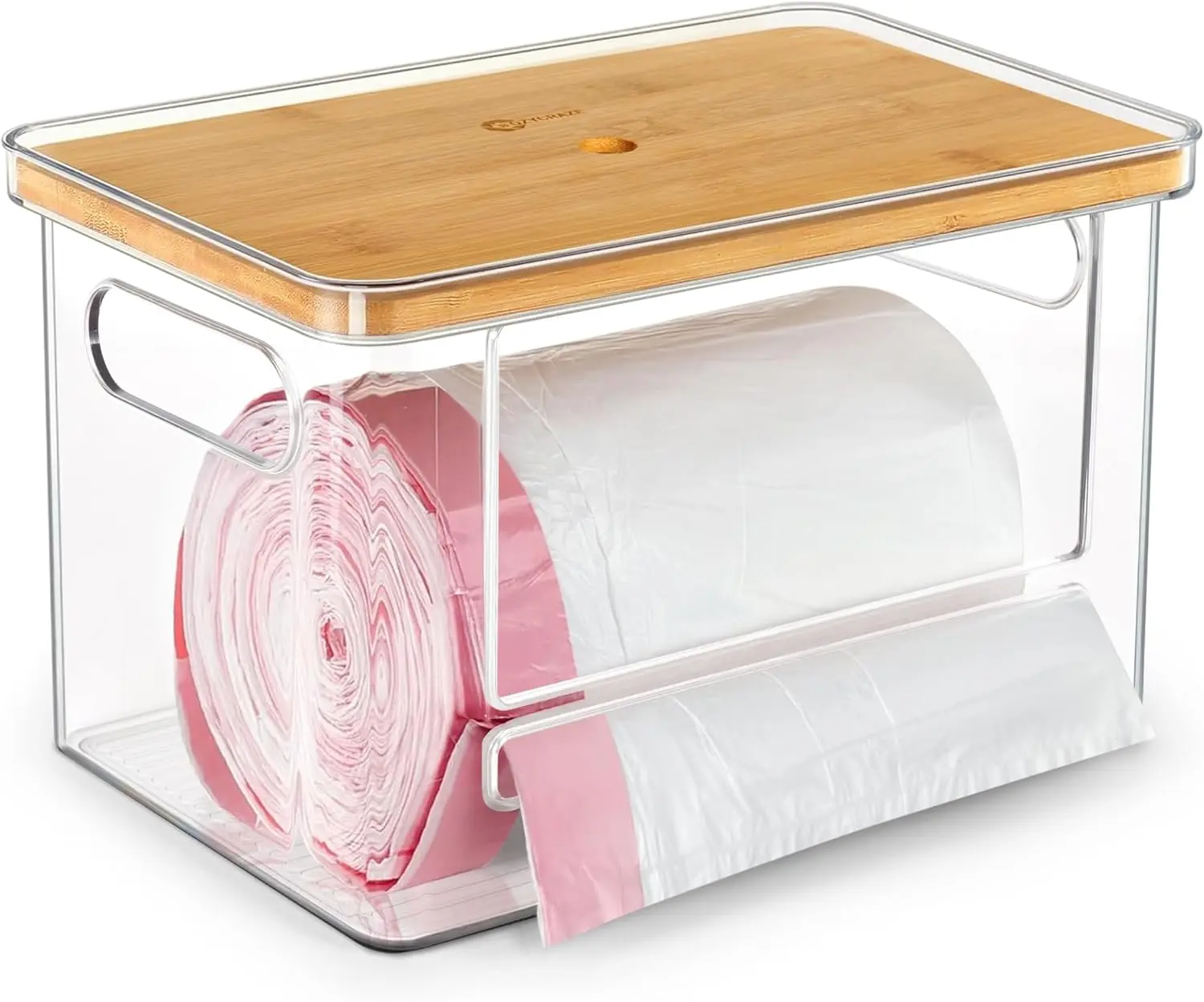 Stackable Trash Bag Dispenser with Wooden Top for Holding 13/30/33-Gallon Large Bag Sizes – Extra-Large Garbage Bag Holder with Anti-Slip Base, Trash Bag Dispenser Under Sink (11.5"x7.5"x7")