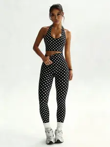 Women's Vintage Polka Dot Sporty Tank Top Set, High Stretch Quick Dry Fabric, Perfect for Yoga Fitness Pilates, Breathable and Comfortable