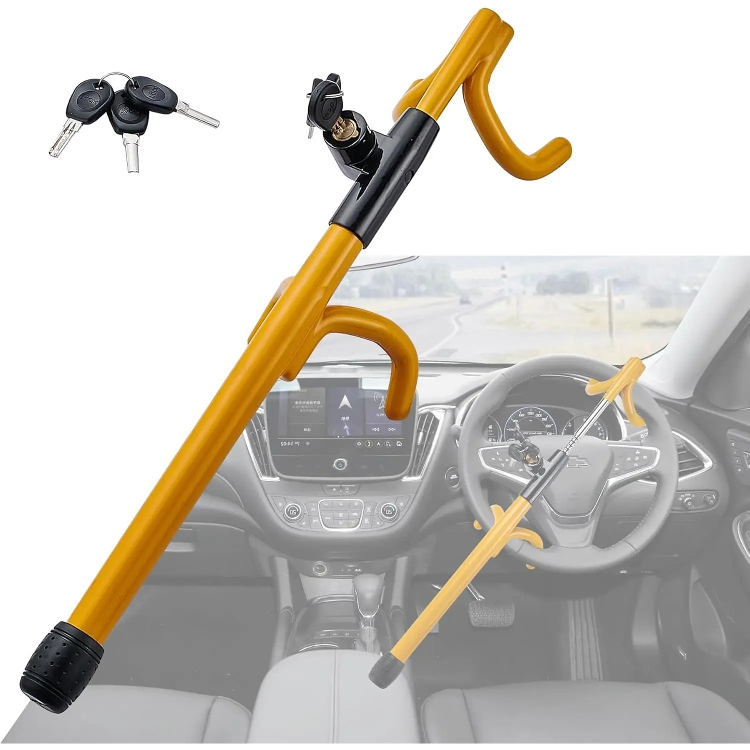 Steering Wheel Lock Anti-Theft Heavy Duty Secure Car Device, Adjustable Length Clamp Double Hook Locks Universal Fit Yellow
