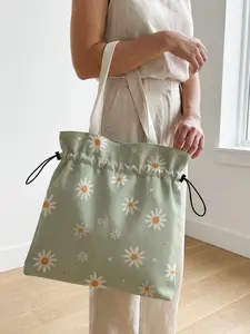 Small Daisy Pattern 2D Printed Drawstring Tote Bag, Large Capacity Shopping Bag, Durable and Wear-Resistant, Casual Style
