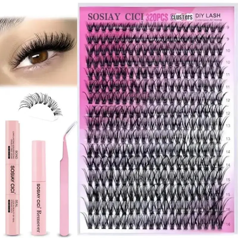 13K+ Sold 320PCS Lash Extension Kit, 40D D Curl Lash Clusters 9-16mm, DIY Individual Lashes with All Tools for Home Salon