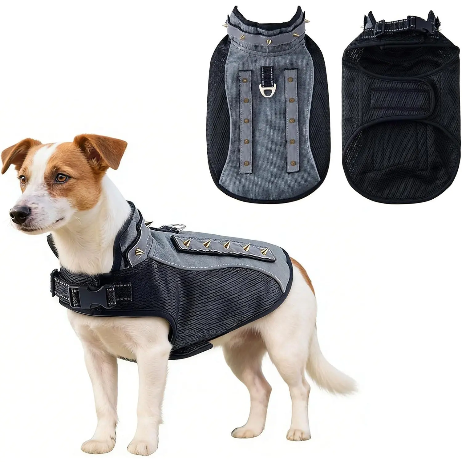 Spiked Small Dog Vest,Reflective Dog Harness Vest with Removable Spikes, Anti-Bite & Predator Protective Tactical Dog Jacket with D-Ring & Breathable Linings Grey S