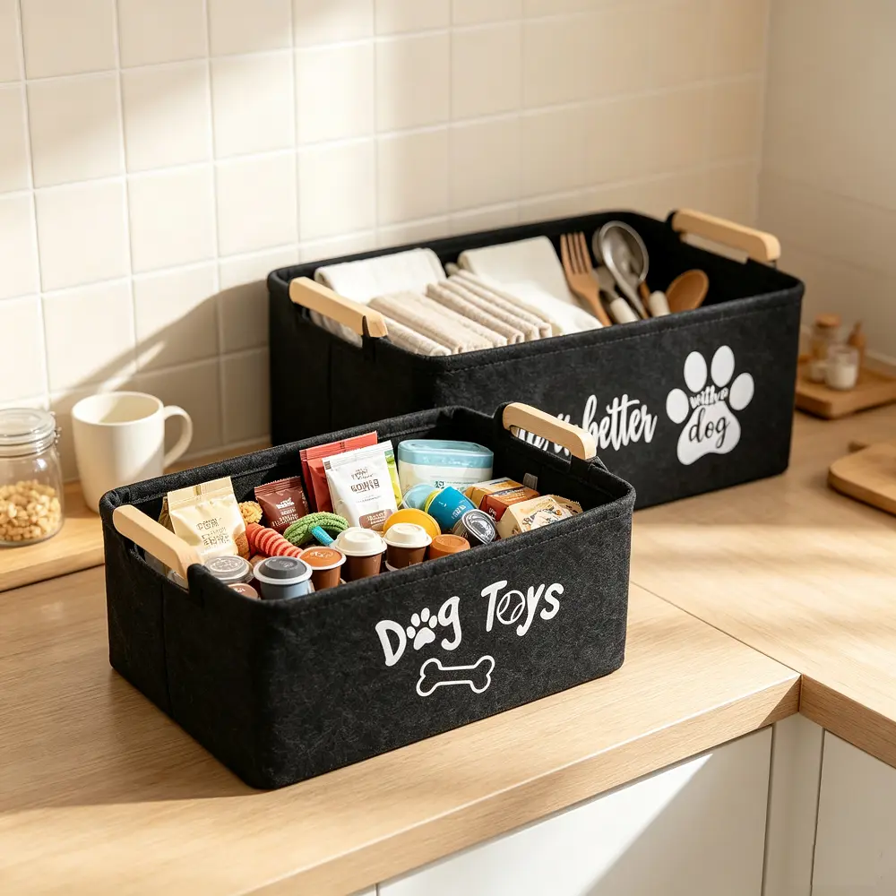 Printed Felt Pet Storage Baskets with Wooden Grips - Collapsible Dog Toy Organizer Bins, Cute Paw & Bone Pattern for Puppy Supplies, Collars, Leashes, Home Organization