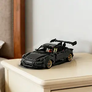 2100pcs Low Profile Gold Super Car Blocks, Open Hood + Large Wing Design, 1:10 Scale Home Decor, Racing Model Collection, Birthday Gift, Halloween