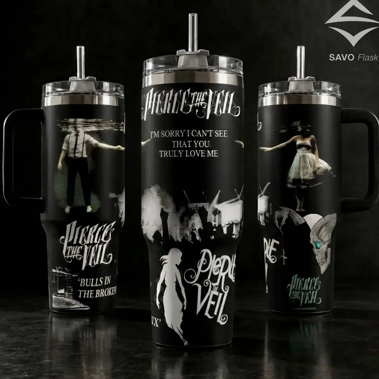 Pierce the Veil PTV Tumbler 20oz 40oz with Handle Straw Stainless Steel Insulated Travel Mug Selfish Machines Album Merch Lyrics Emo Rock Gift for Fans Music Lover Aesthetic Y2K Reusable Coffee Cup