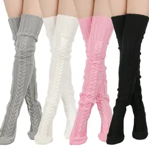 4 Pairs of Autumn and Winter Thick Wool Solid Color Socks Warm Long Tube Wool Twist Style Over-the-Knee Slouch Socks