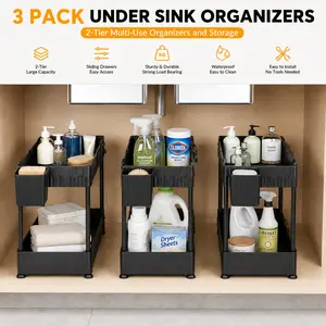 3 Pack Under Sink Organizers,2-Tier Multi-Use Kitchen and Bathroom Organizers and Storage with Sliding Drawers,Bathroom Cabinet Organizer