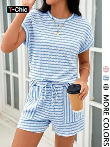 Women's Casual Striped Loose Fit Home Vacation Short Sleeve Top T-Shirt and Pocket Shorts Set, 2 Piece Summer Clothing Womenswear