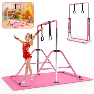 [Dufominc] Ultra-Stable Child-Safe Kids Gymnastics Bar | Heavy-Duty Steel Foldable Adjustable Horizontal Training Bar | Tool-Free No-Fuss Assembly Gym Bar with Non-Slip Mat for Home Practice