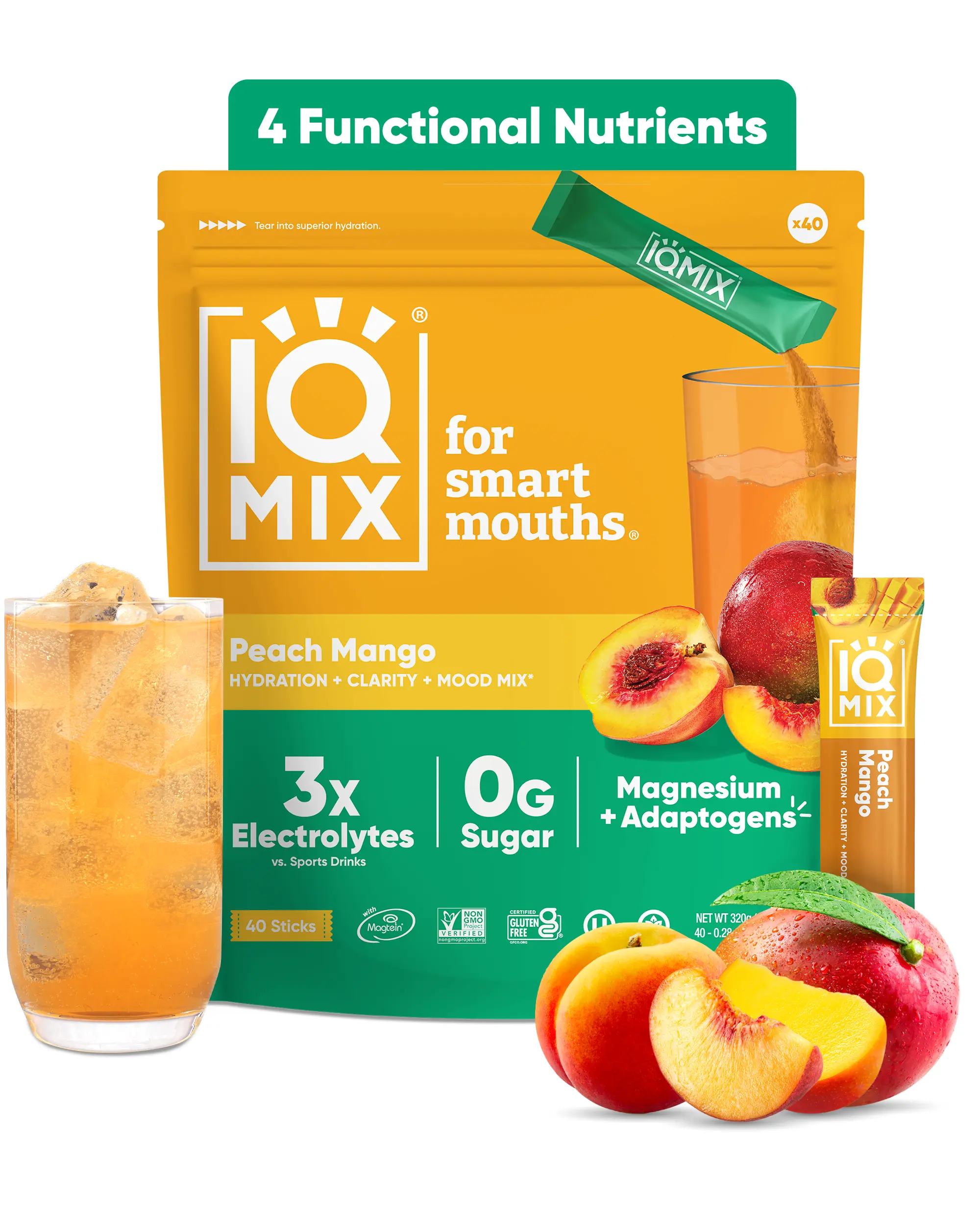 IQMIX Peach Mango Beverage Powder (40 Sticks) - Flavor Packets for Water, Tropical Hydration Boost, Refreshing Post-Work Drink, Sugar
