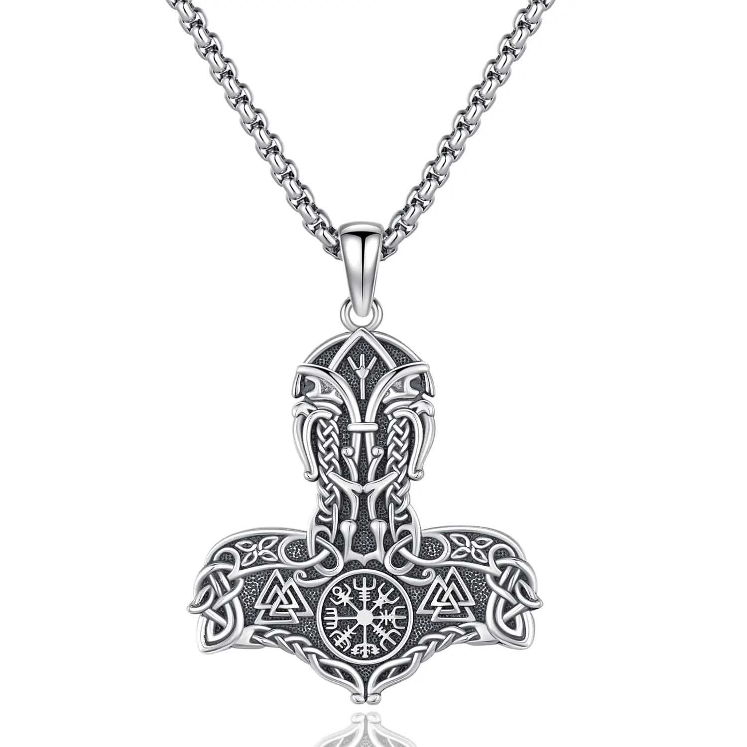 DRINSPER 925 Sterling Silver Thor Hammer Necklace with Runes, Unisex Norse Viking Daily Jewelry, Gift for Adults