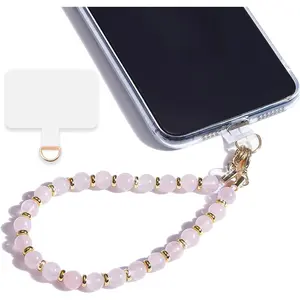 Detachable Marble Beaded Phone Wrist Strap Hands-Free Wristlet Bracelet Strap with Tether Tab (Rose Quartz)