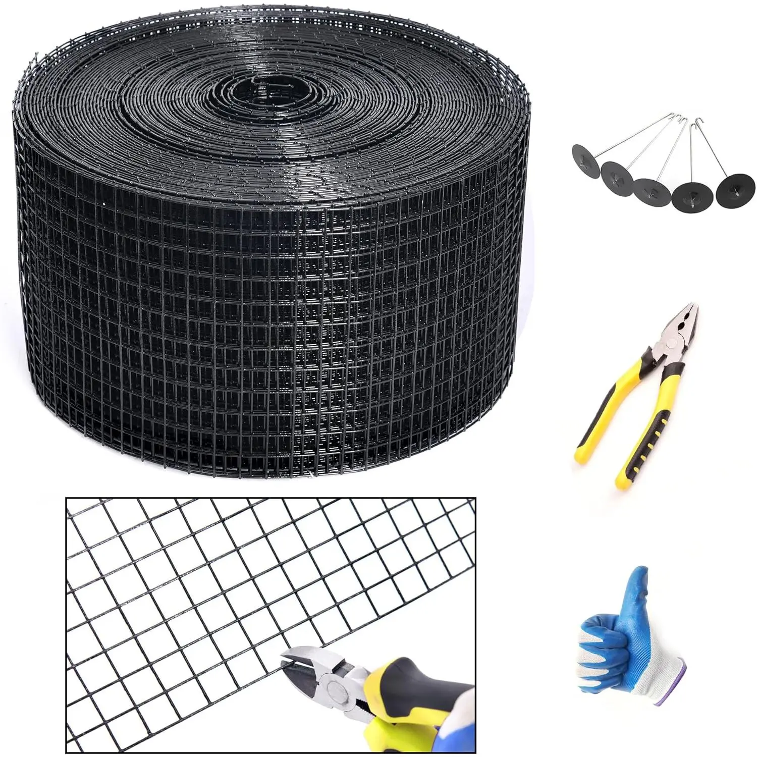 6in X 100ft PVC Coated Critter Guard Roll Kit for Solar Panel, Black Pigeon Barrier Netting with 120 Fastener Clips, Cutting Scissor and Gloves