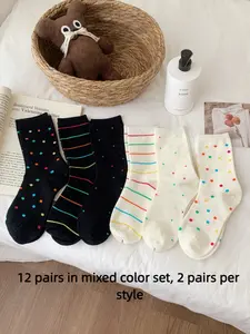 12 Pairs Women's Crew Socks, Striped Pattern, Preppy Style, Loose-Fit, Breathable, All-Seasons, Comfortable Home & Outing Wear