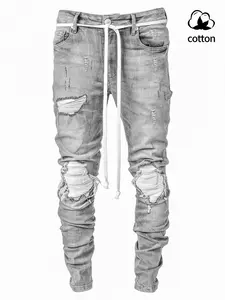Men's Elastic Long Pants, Ripped Knee Patches, Fashion Slim Fit, Comfortable Casual Wear, Suitable for All Occasions