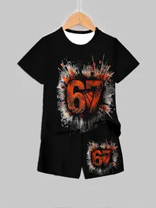 Boys' Basketball Theme Bottom Graffiti Ink Print Set, Cool Sportswear Two-Piece Set, Casual Fitted Tee and Shorts, Sports Jersey Top, Sports Clothing