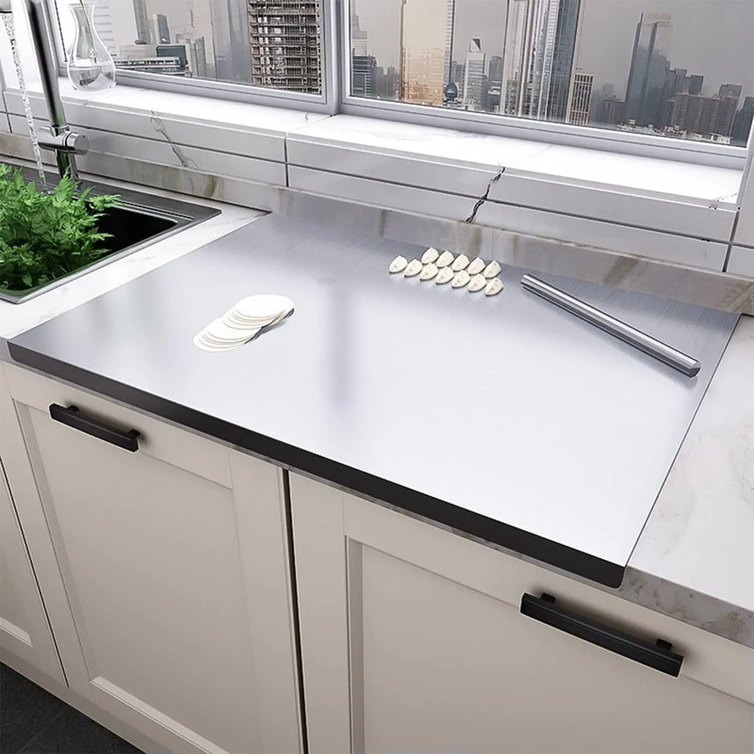 Stainless Steel  Board with Lip,  Stove Top Chopping Board Pastry Board Kneading Board Noodle Boards 32x 20 with Rolling Pin