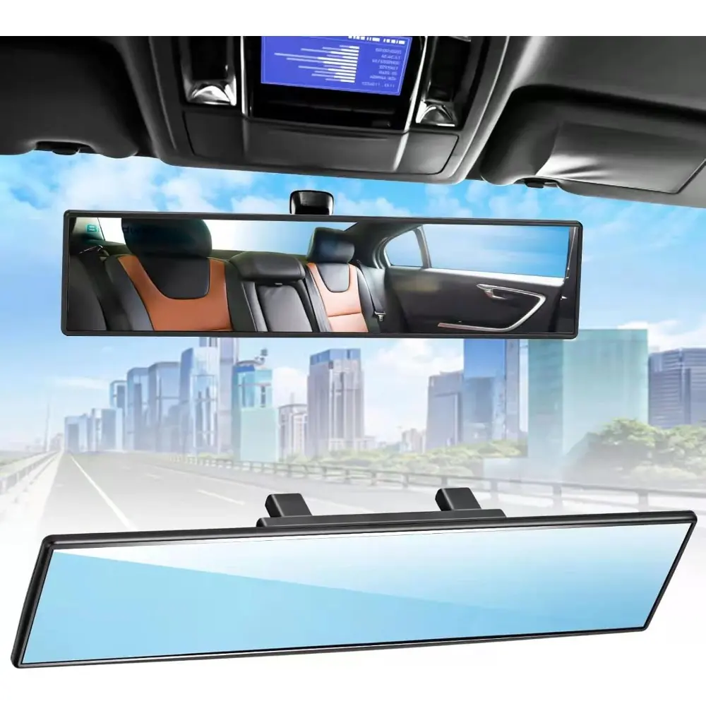 12x3 in Universal Car Rear View Mirror - HD, Anti-Glare, Anti-Glow, Wide Vision, Adjustable Blue Tint Panoramic Mirror with Quick Hook for Cars, SUVs, Trucks, Coated