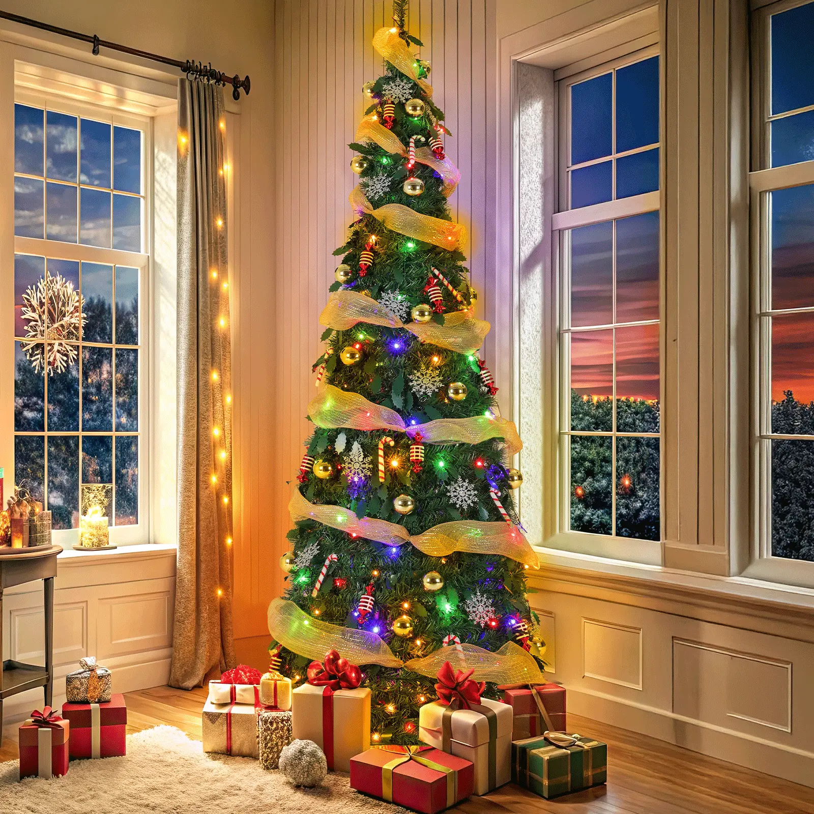 4/6/7FT Pop Up Christmas Tree with Light, Collapsible Christmas Tree w/ Remote, Fully Decorated Pre-Lit w/100 Warm White & Colored Light, Ornaments, Ribbon, 11 Modes, for Holiday Xmas Decor