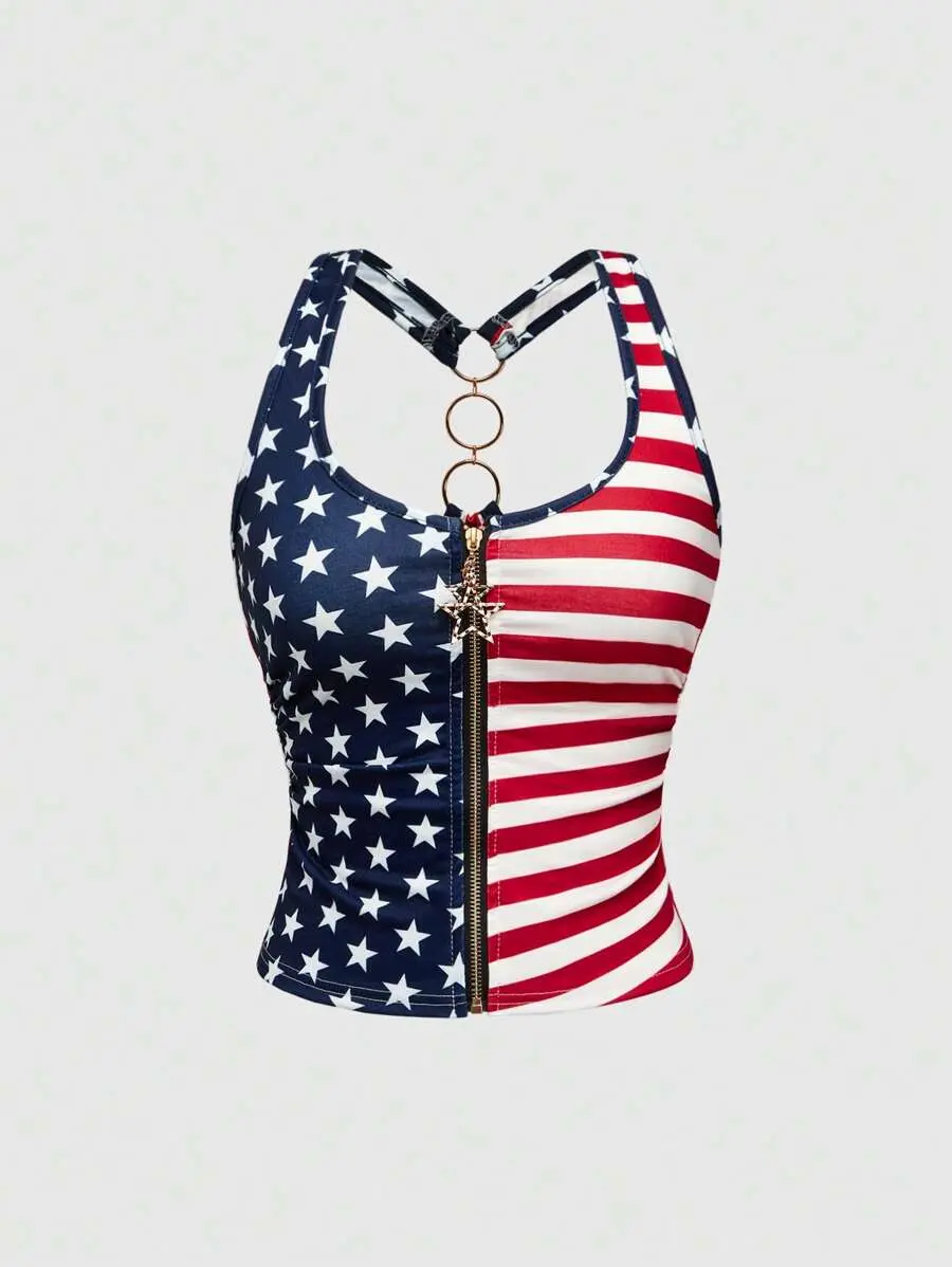 CHICWITHADRI Street Life Women Plus Size Summer Independence Day Y2K Baddie American Flag Color Contrast & Slogan Print Back Chain Star Zip-Up Halter Tops