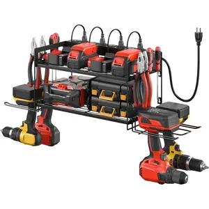 Garage Tools Storage with Charging Station.Power Tool Battery Organizer Utility Shelf with Power Strip.4 Drills Holder Wall Mount Rack, Black.