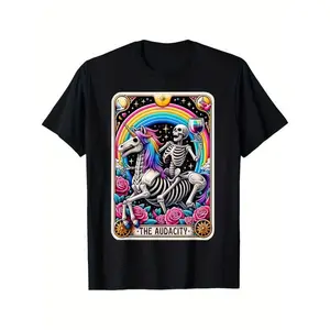 Graphic vintage tee The Audacity Funny Tarot Card Sarcastic Skeleton T-Shirt Selected pure cotton interesting design DIY short sleeve t-shirt for men, soft and breathable