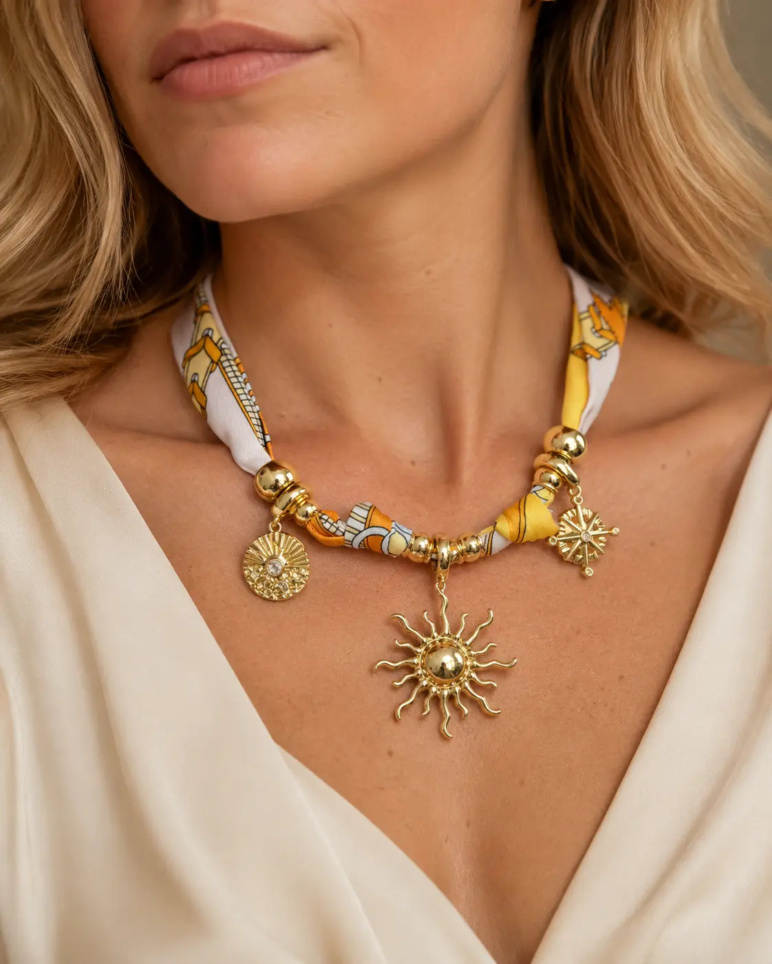 Statement Scarf Necklace with Sun Motif Print, Elegant Silk-look Fabric and Polished Gold-Tone Beads, Adjustable Scarf-and-charm Jewelry for Women, Brunch, Metallic, Bold And Artistic, Daily