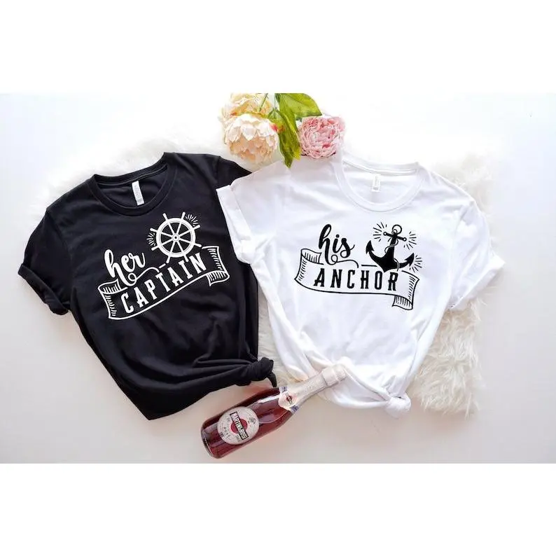 Matching Couples Cruise T-Shirts: Her Captain, His Anchor