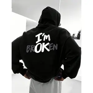 Men's 'I'M BROKEN' Graphic Hoodie - Black, White Lettering, Kangaroo Pocket, Regular Fit Casual Pullover, Suitable for Autumn/Winter, Machine Washable