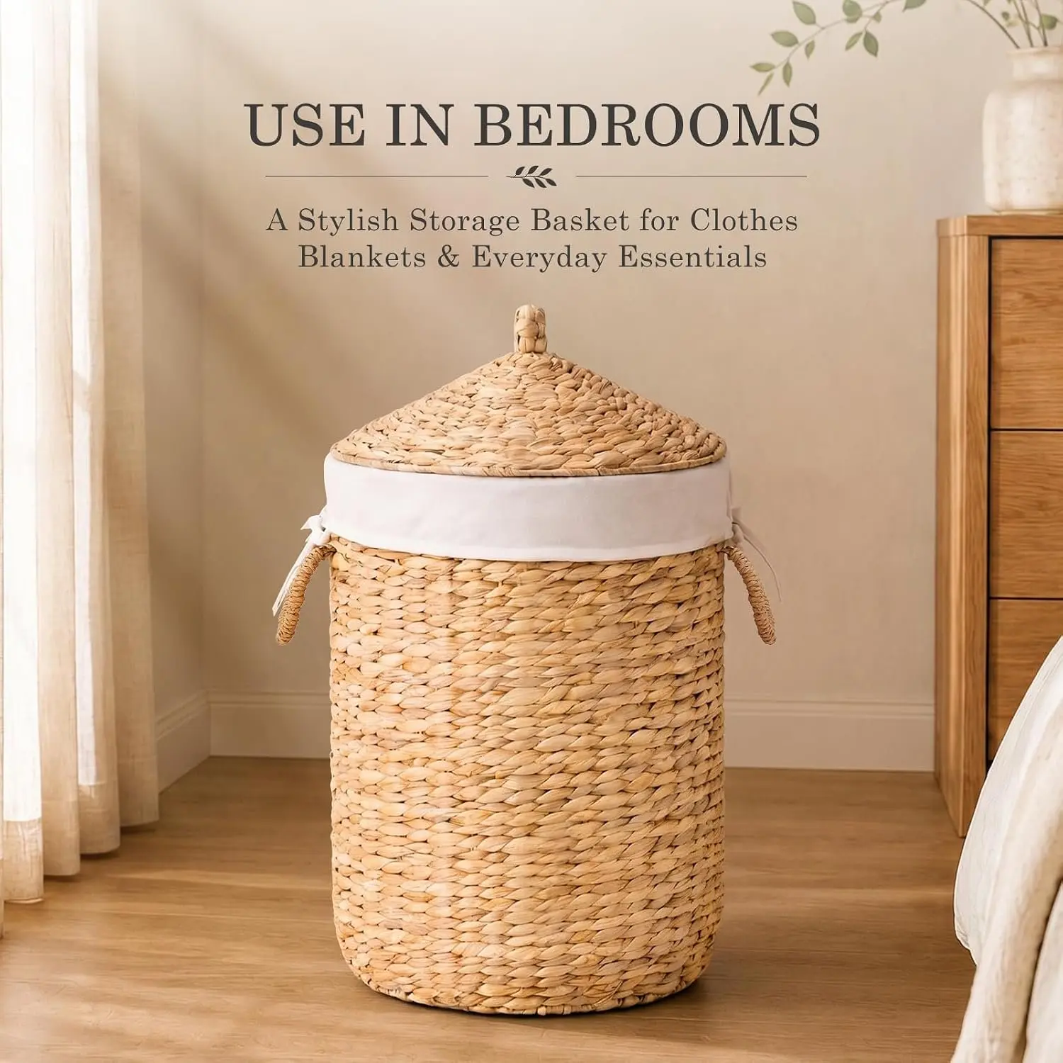 Handwoven Water Hyacinth Laundry Basket with Lid, Round Wicker Clothes Hamper with Removable Washable Liner & Handles, 110L Large Storage Basket for Bedroom Bathroom