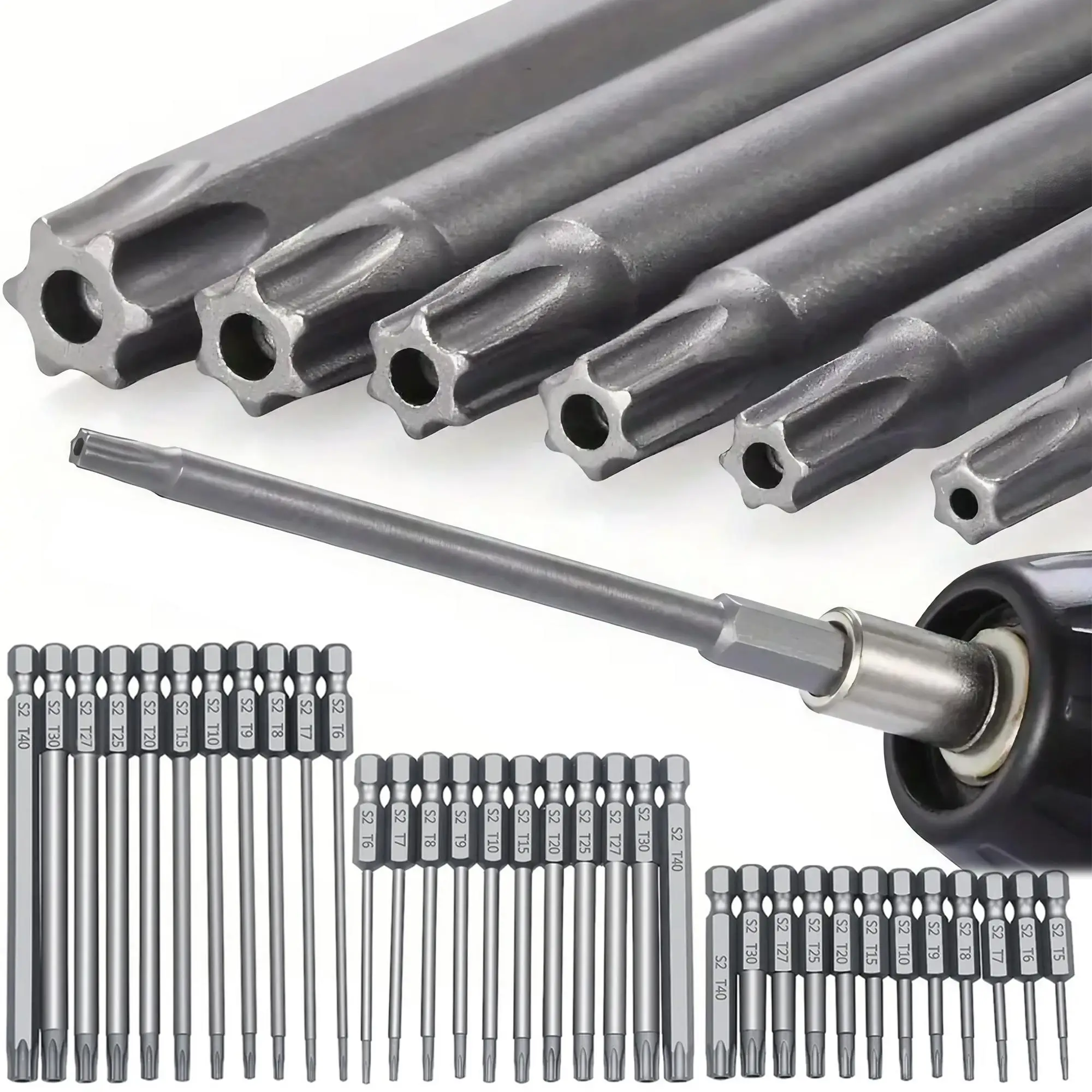 Magnetic Torx Head Screwdriver Bit Set, S2 Steel Long Drill Bits with 1/4 Inch Hex Shank and Security Torx Bits