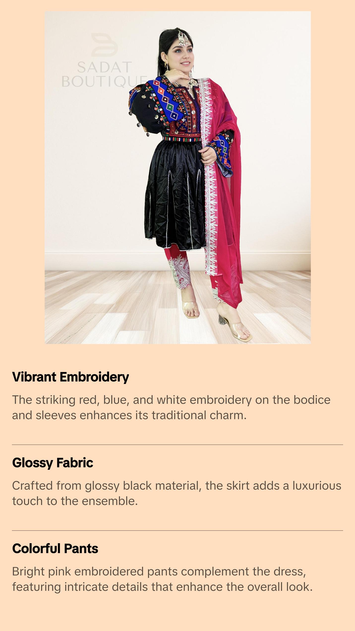 Title: Black Afghan Dress with Royal Embroidery & Pink Scarf Se