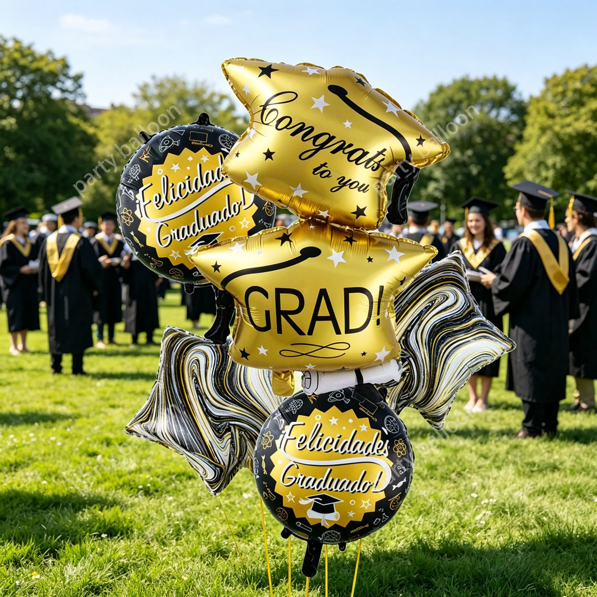 7-Piece Gold Graduation Balloon Set, Party Decoration, Marble Star/ball Print, Cap/certificate Shapes, School Event Decor, Grad Foil Balloon, Grad Balloons, Party Balloons Decorations