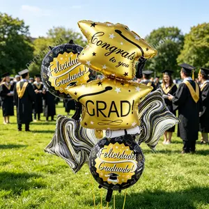 7-Piece Gold Graduation Balloon Set, Party Decoration, Marble Star/ball Print, Cap/certificate Shapes, School Event Decor