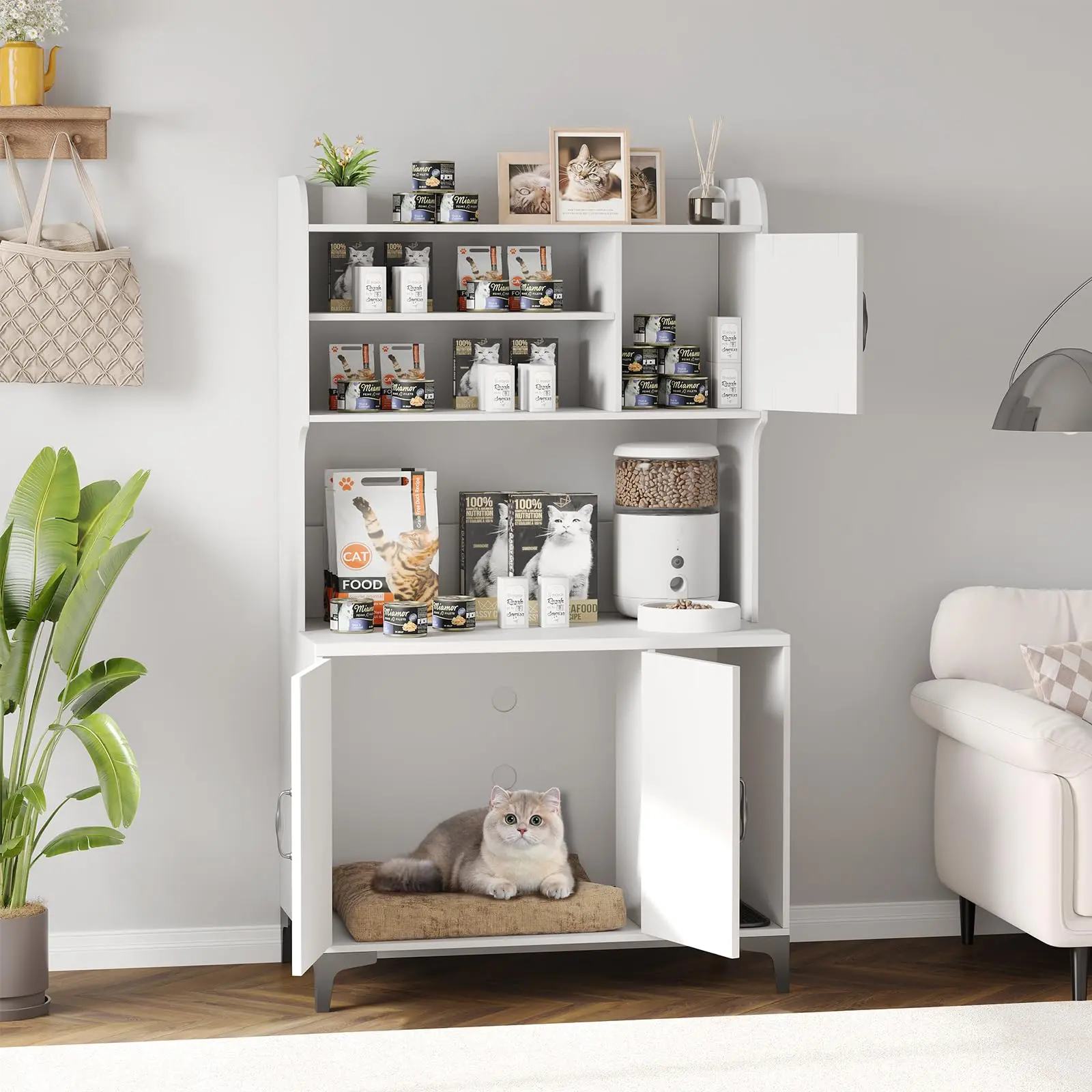Garvee Modern Cat Litter Box Furniture: Large Wooden Cabinet with Double Doors, 4-Tier Storage Shelves, Hidden Indoor Washroom Enclosure, Includes Litter Mat, Available in White and Grey