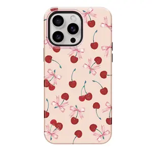 Casing Bee Coquette Aesthetic Dual Layer iPhone Case Protection Cellphone with Cherry & Bow Design for Smartphones Wireless Compatible Shockproof Protective Cover