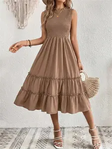 Women's Plain Ruffle Trim Dress, Casual Sleeveless Fitted Dress for Summer, Summer Dresses, Ladies Clothes for Beach Holiday Vacation, Womenswear, Casual Wear, Ruffled