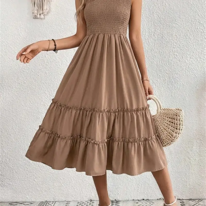 Women's Plain Ruffle Trim Dress, Casual Chic Sleeveless Fitted Dress for Summer, Ruffled Hem Dress, Summer Dresses, Ladies Clothes for Beach Holiday Vacation, Womenswear, Casual Wear, Ruffled