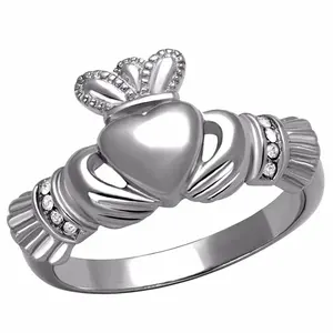 Top Grade Crystal in High Polish Stainless Steel Claddagh Ring