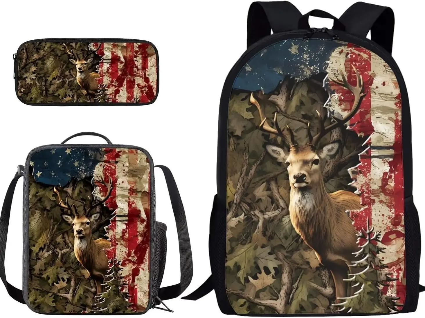 Rustic Camo Deer 3-Piece Split American Flag Outdoor Backpack Set, Skin-Friendly Waterproof Polyester, Anti-Stain, Ergonomic Cushioned Comfort, Adjustable Strap, Reinforced Zip, for Patriotic Fans, Back-To-School, Casual Use, Split Flag