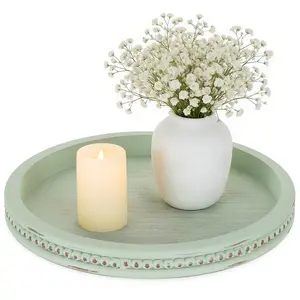 Sage Green Tray Decor: Round Decorative Tray for Coffee Table Centerpiece - Wooden Candle Plate Holder for Rustic Farmhouse Home Living Room Kitchen Counter