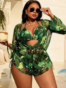 Plus Size Tie-Dye Halter Bikini Set - Long Sleeve Cover-Up & Pants