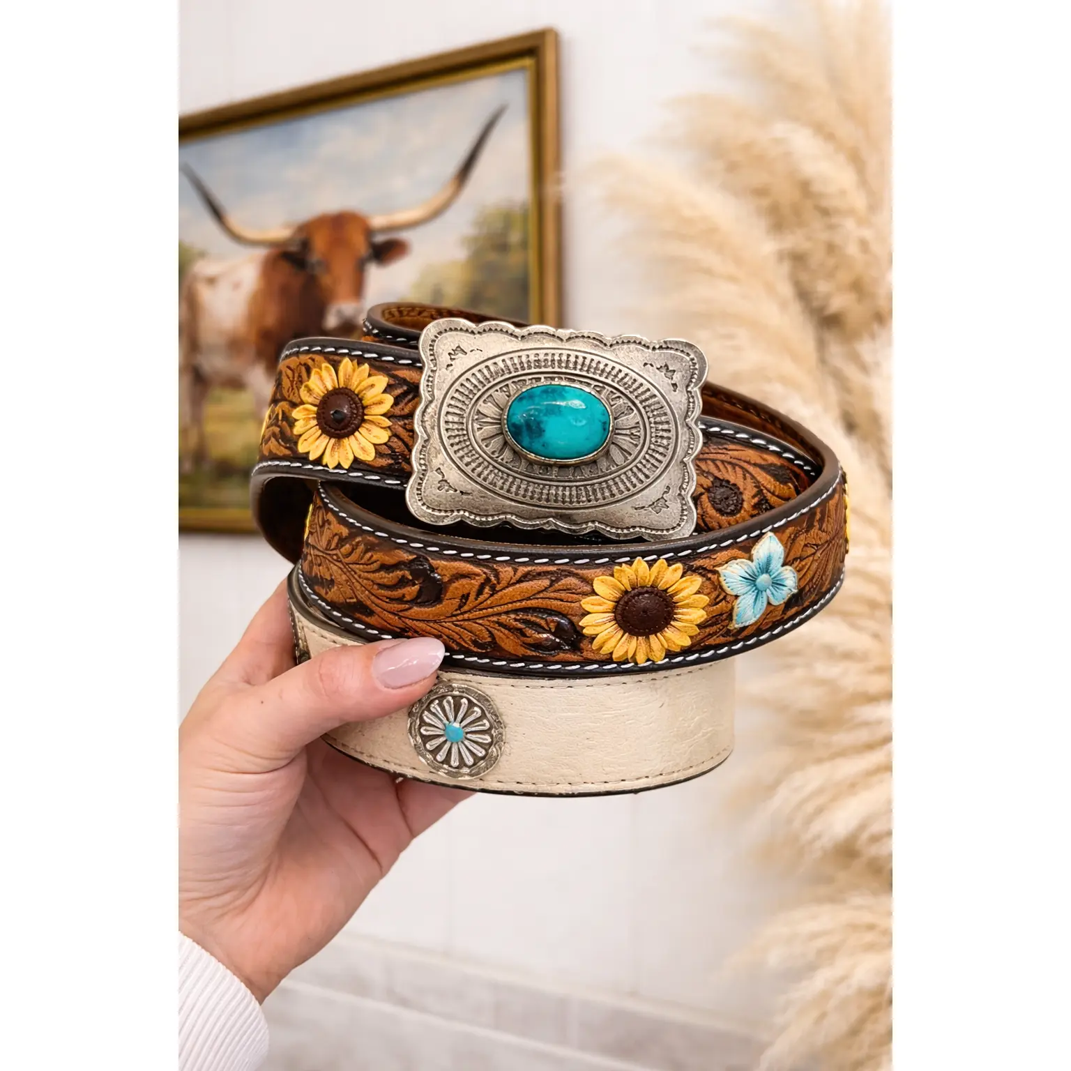 Vintage Western Cowboy Belt for Men and Women, Hand-Tooled Genuine Leather with Faux Turquoise Inlay and Classic Silver Buckle, Genuine Leather Belt, Vintage Western Belt