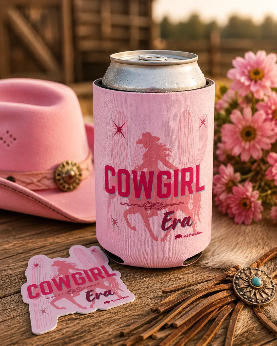 Cowgirl Era Can Cooler | Pink Rodeo Cactus Design