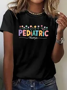 PEDIATRIC Nurse Print T-Shirt, Short Sleeve Crew Neck Casual Top for Summer & Spring, Women'S Clothing