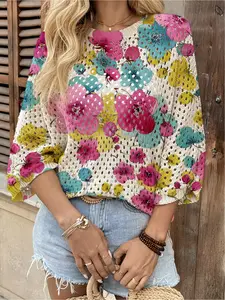 Spring & Summer collection, round-neck open-front loose batwing shoulder sleeve pullover, color-block multi-color floral print women's knit top, Colorblock knit top, beachy style, casual for work pullover
