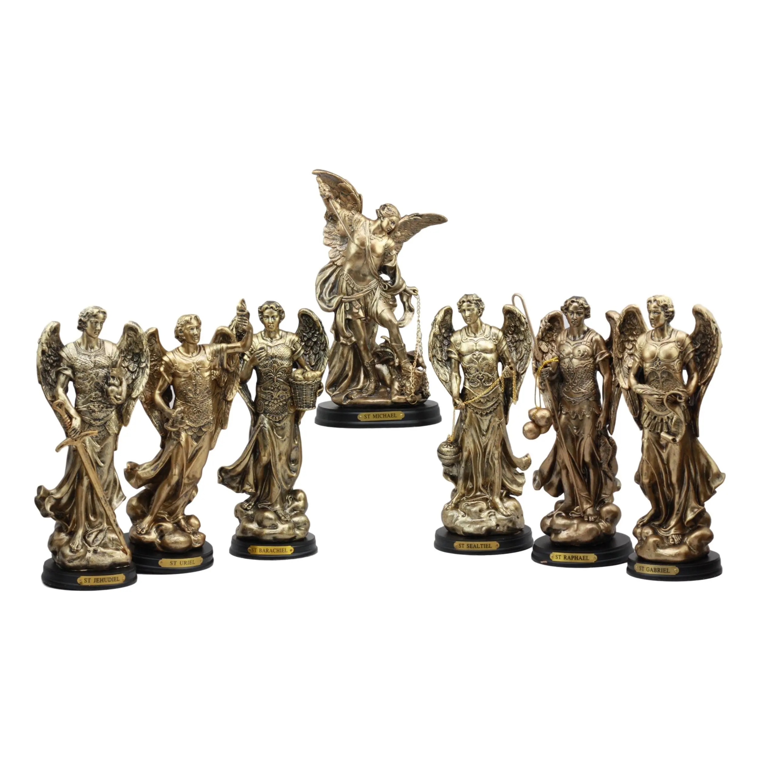 Ebros Archangel Statue 8" Tall with Brass Name Plate Wooden Base (Set of 7)