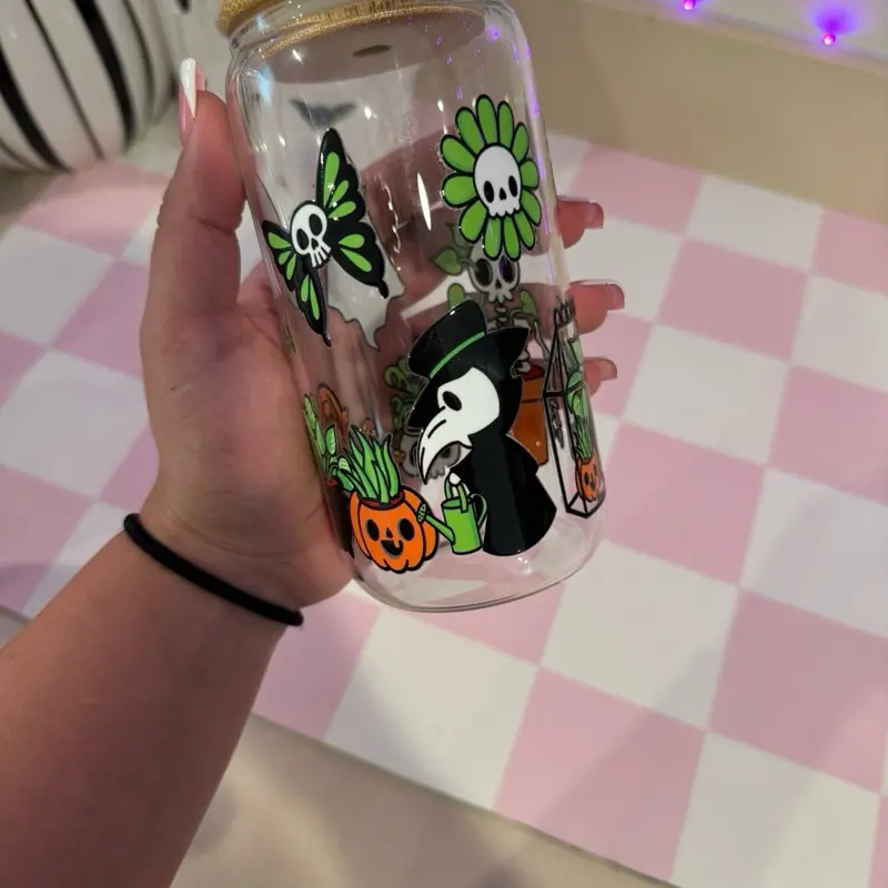 Halloween Cup 16oz Glass Cup with Bamboo Lid & Glass Straw Featuring Fun Skeleton and Pumpkin Designs